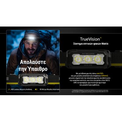 ΦΑΚΟΣ LED NITECORE HEADLAMP HA15 UHE, Lightweight, 400Lumens