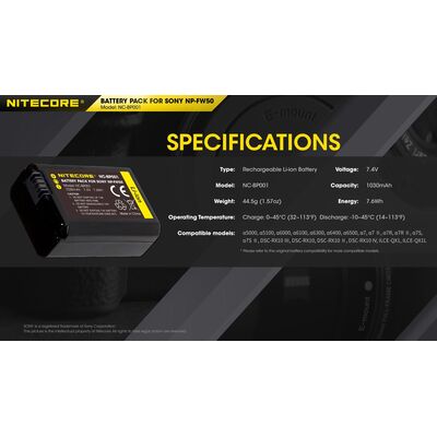 ΜΠΑΤΑΡΙΑ NITECORE for SONY NP-FW50, 7.4V , 1030mAh, 7.6Wh