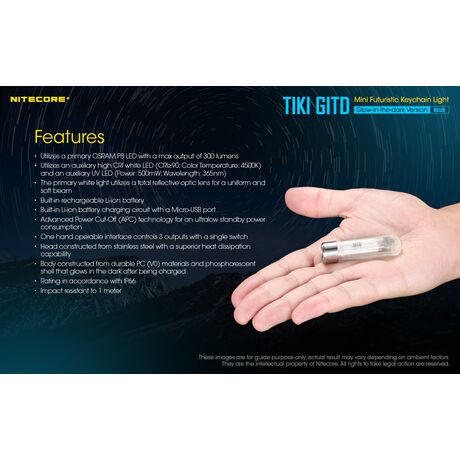 ΦΑΚΟΣ LED NITECORE TIKI GITD Blue, Glow-In-The-Dark, USB-C, 300 lumens